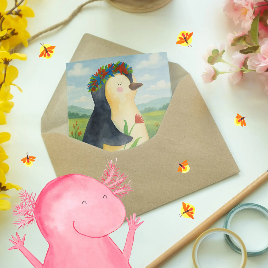 Grußkarte Pinguin Blumen Design Grußkarte, Klappkarte, Einladungskarte, Glückwunschkarte, Hochzeitskarte, Geburtstagskarte, Karte, Ansichtskarten, Pinguin, Pinguine, Blumenkranz, Universum, Leben, Wünsche, Ziele, Lebensziele, Motivation, Lebenslust, Liebeskummer, Geschenkidee
