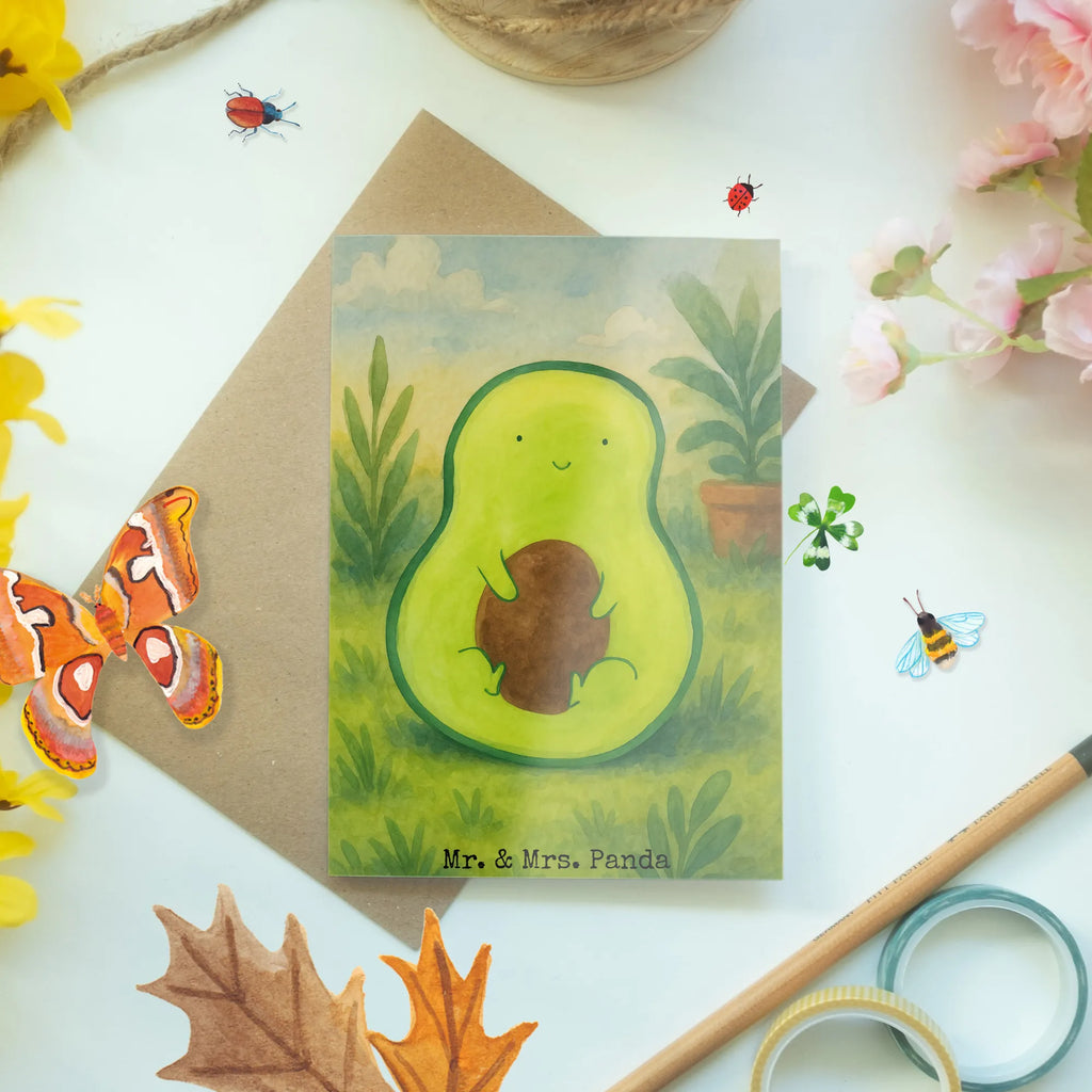 Grußkarte Avocado Kern Design Grußkarte, Klappkarte, Einladungskarte, Glückwunschkarte, Hochzeitskarte, Geburtstagskarte, Karte, Ansichtskarten, Avocado, Veggie, Vegan, Gesund, Avokado, Avocadokern, Kern, Pflanze, Spruch Leben