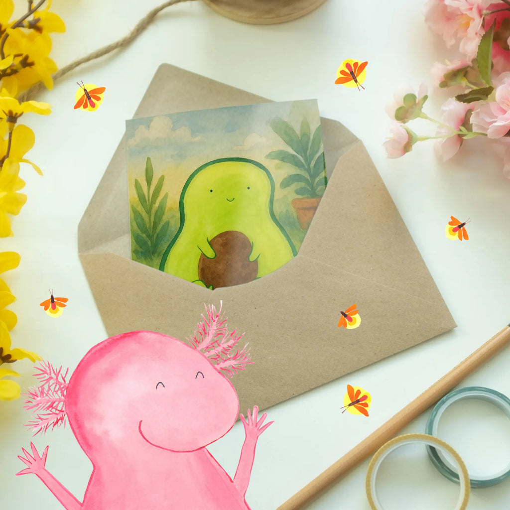 Grußkarte Avocado Kern Design Grußkarte, Klappkarte, Einladungskarte, Glückwunschkarte, Hochzeitskarte, Geburtstagskarte, Karte, Ansichtskarten, Avocado, Veggie, Vegan, Gesund, Avokado, Avocadokern, Kern, Pflanze, Spruch Leben