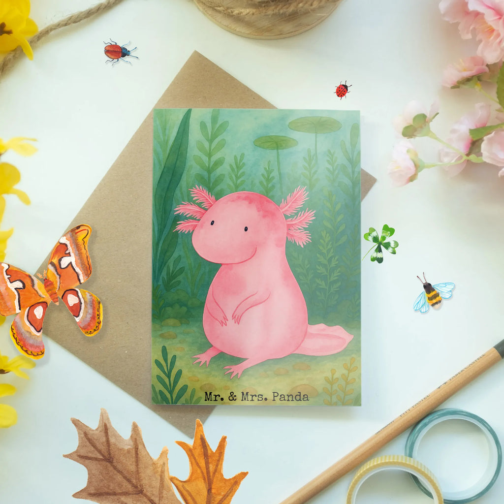 Grußkarte Axolotl Niedlich Design Grußkarte, Klappkarte, Einladungskarte, Glückwunschkarte, Hochzeitskarte, Geburtstagskarte, Karte, Ansichtskarten, Axolotl, Molch, Axolot, vergnügt, fröhlich, zufrieden, Lebensstil, Weisheit, Lebensweisheit, Liebe, Freundin