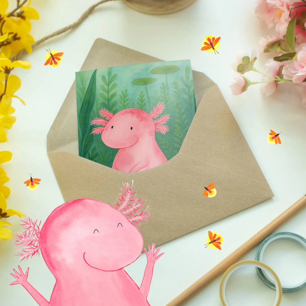 Grußkarte Axolotl Niedlich Design Grußkarte, Klappkarte, Einladungskarte, Glückwunschkarte, Hochzeitskarte, Geburtstagskarte, Karte, Ansichtskarten, Axolotl, Molch, Axolot, vergnügt, fröhlich, zufrieden, Lebensstil, Weisheit, Lebensweisheit, Liebe, Freundin