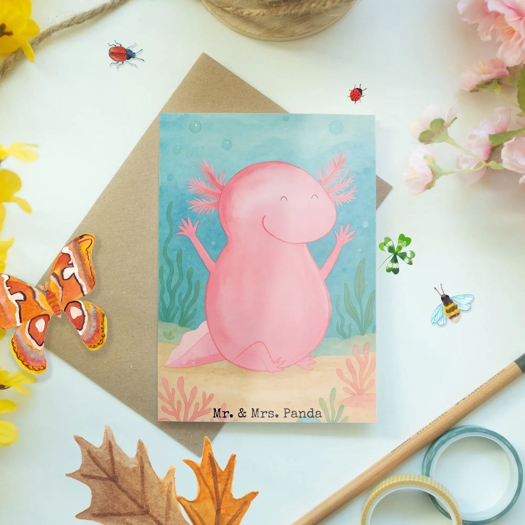 Grußkarte Axolotl Hurra Design Grußkarte, Klappkarte, Einladungskarte, Glückwunschkarte, Hochzeitskarte, Geburtstagskarte, Karte, Ansichtskarten, Axolotl, Molch, Axolot, Schwanzlurch, Lurch, Lurche, fröhlich, Spaß, Freude, Motivation, Zufriedenheit