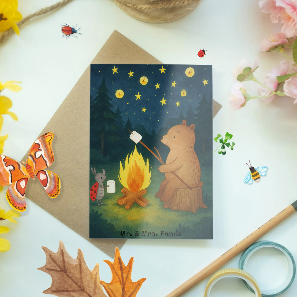 Grußkarte Bär & Marienkäfer Lagerfeuer Design Grußkarte, Klappkarte, Einladungskarte, Glückwunschkarte, Hochzeitskarte, Geburtstagskarte, Karte, Ansichtskarten, Bär, Teddy, Teddybär, Lagerfeuer