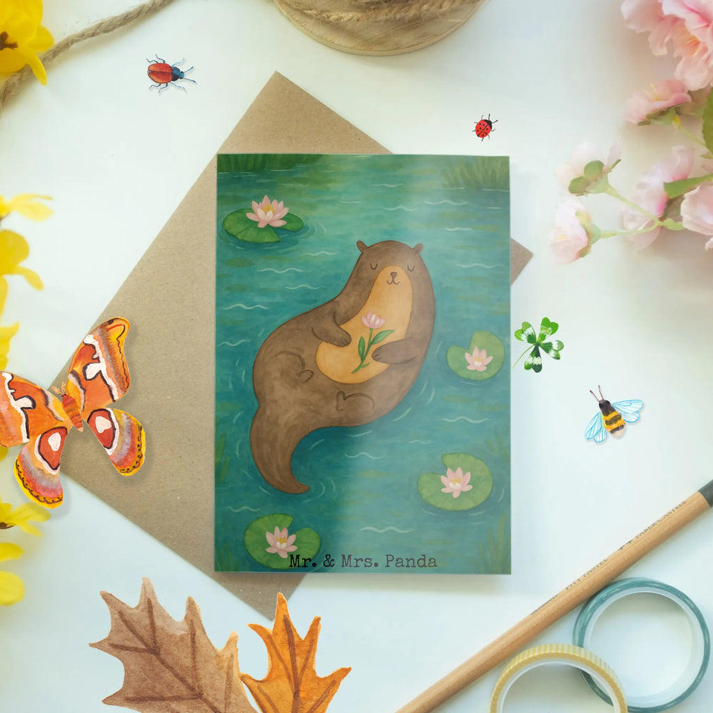 Grußkarte Otter Seerose Design Grußkarte, Klappkarte, Einladungskarte, Glückwunschkarte, Hochzeitskarte, Geburtstagskarte, Karte, Ansichtskarten, Otter, Fischotter, Seeotter, Otter Seeotter See Otter