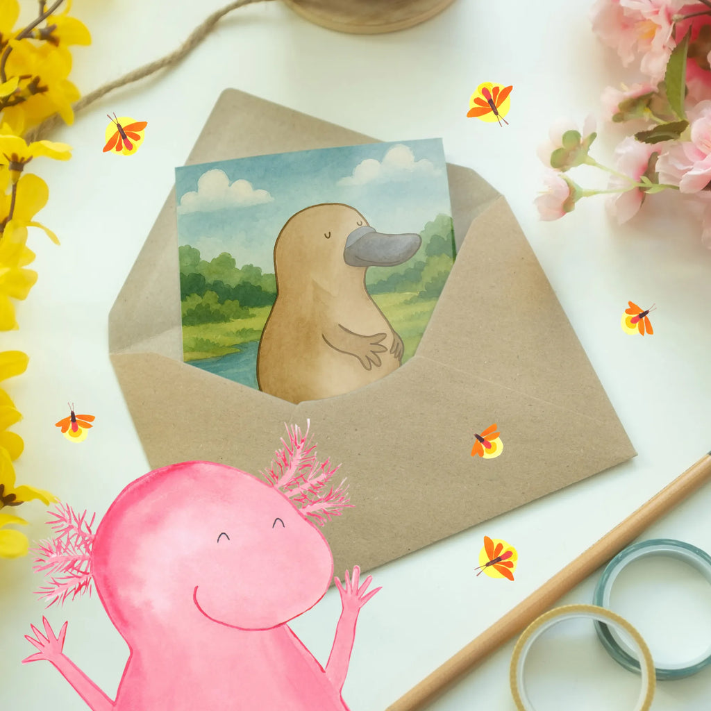 Grußkarte Schnabeltier Mut Design Grußkarte, Klappkarte, Einladungskarte, Glückwunschkarte, Hochzeitskarte, Geburtstagskarte, Karte, Ansichtskarten, Meerestiere, Meer, Urlaub, Schnabeltier, Mut, mutig, Lebensweisheit, Schnabeltiere, Motivation, Training, Büro, Arbeit, Neuanfang, Neustart, Weltreise, Raodtrip