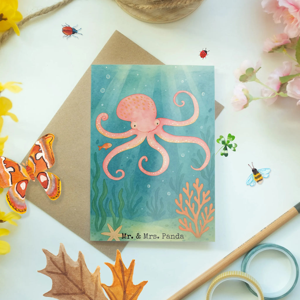 Grußkarte Tintenfisch Design Grußkarte, Klappkarte, Einladungskarte, Glückwunschkarte, Hochzeitskarte, Geburtstagskarte, Karte, Ansichtskarten, Tiermotive, Gute Laune, lustige Sprüche, Tiere, Meer, Meerestier, Krake, Tintenfisch, Arme, Wasser, Ozean
