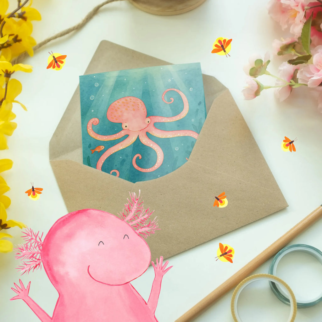 Grußkarte Tintenfisch Design Grußkarte, Klappkarte, Einladungskarte, Glückwunschkarte, Hochzeitskarte, Geburtstagskarte, Karte, Ansichtskarten, Tiermotive, Gute Laune, lustige Sprüche, Tiere, Meer, Meerestier, Krake, Tintenfisch, Arme, Wasser, Ozean
