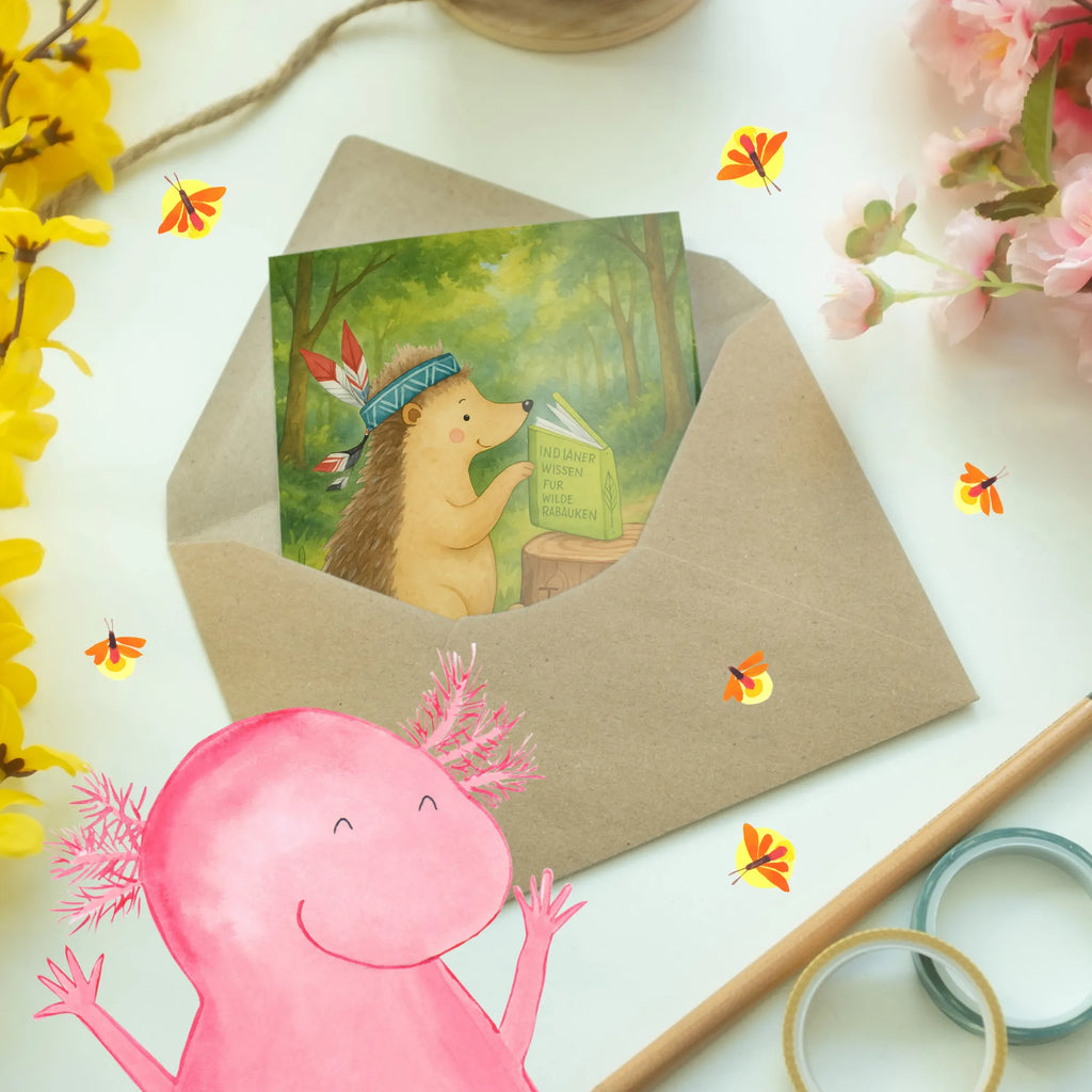 Grußkarte Igel Federschmuck Design Grußkarte, Klappkarte, Einladungskarte, Glückwunschkarte, Hochzeitskarte, Geburtstagskarte, Karte, Ansichtskarten, Waldtiere, Tiere, Igel, Indianer, Abenteuer, Lagerfeuer, Camping