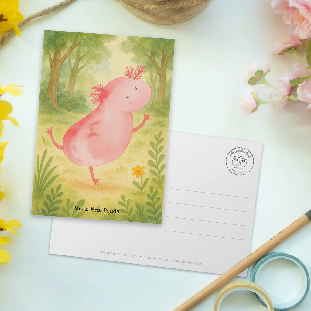 Postkarte Axolotl Tanzen Design Postkarte, Karte, Geschenkkarte, Grußkarte, Einladung, Ansichtskarte, Geburtstagskarte, Einladungskarte, Dankeskarte, Ansichtskarten, Einladung Geburtstag, Einladungskarten Geburtstag, Axolotl, Molch, Axolot, Schwanzlurch, Lurch, Lurche, Dachschaden, Sterne, verrückt, Freundin, beste Freundin