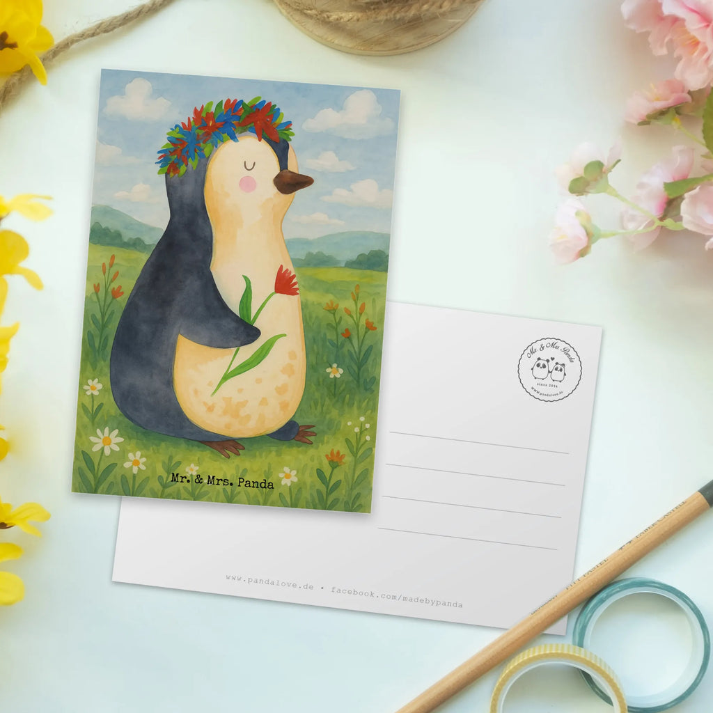 Postcard Penguin Flower Design North Pole, Penguins, lovesickness, penguins, goals in life, goals, wreath of flowers, universe, wishes, gift idea, love of life