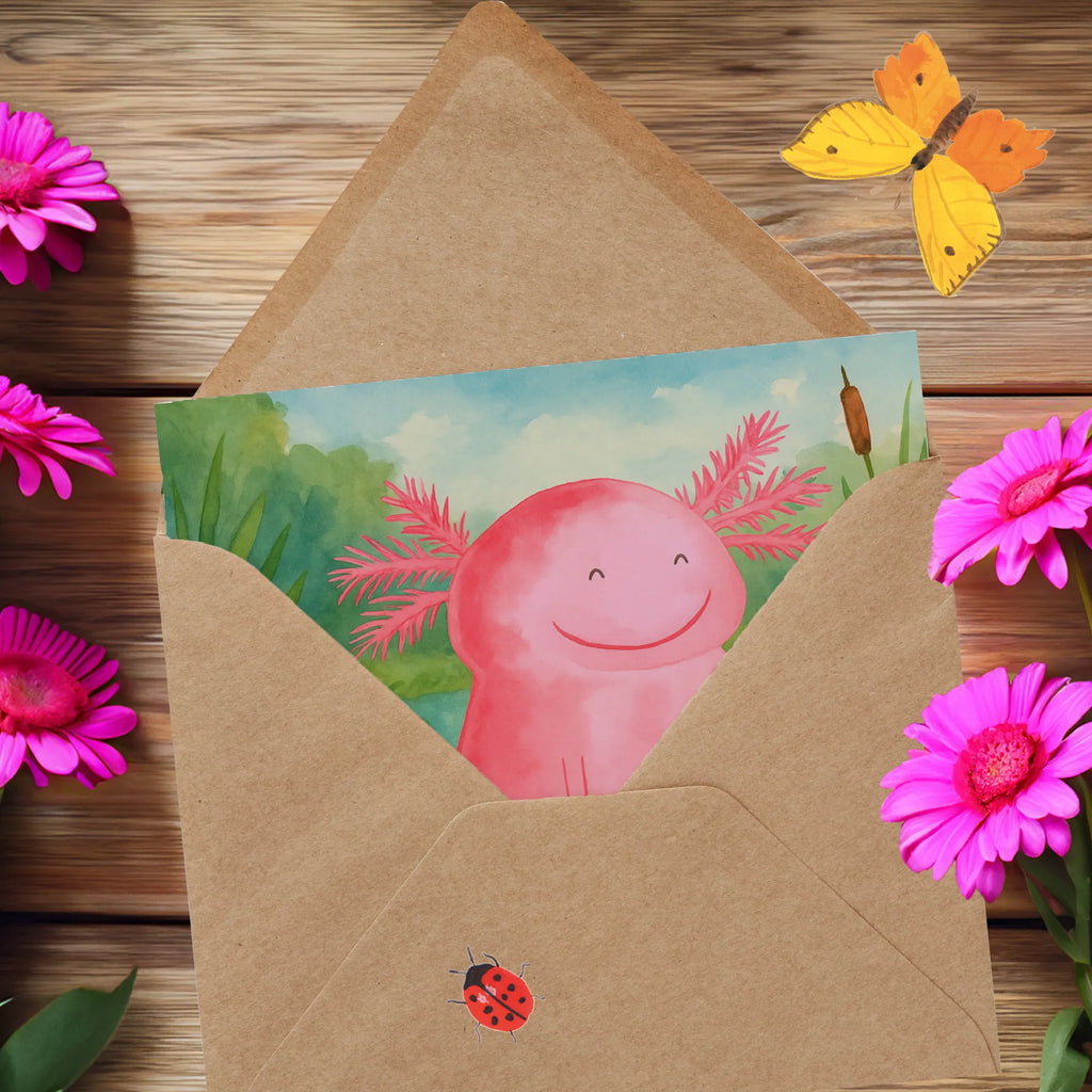 Deluxe Karte Axolotl Glücklich Design Karte, Grußkarte, Klappkarte, Einladungskarte, Glückwunschkarte, Hochzeitskarte, Geburtstagskarte, Hochwertige Grußkarte, Hochwertige Klappkarte, Axolotl, Molch, Axolot, Schwanzlurch, Lurch, Lurche, Motivation, gute Laune