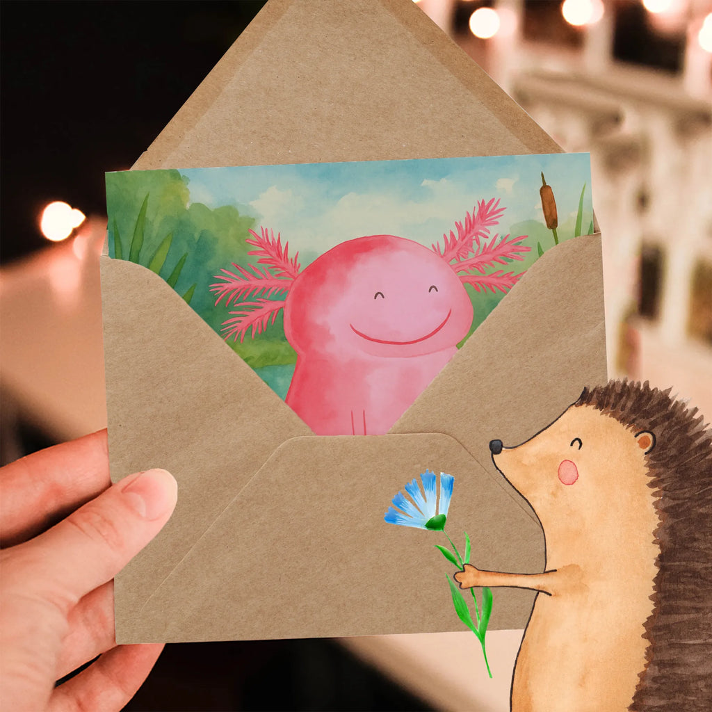 Deluxe Karte Axolotl Glücklich Design Karte, Grußkarte, Klappkarte, Einladungskarte, Glückwunschkarte, Hochzeitskarte, Geburtstagskarte, Hochwertige Grußkarte, Hochwertige Klappkarte, Axolotl, Molch, Axolot, Schwanzlurch, Lurch, Lurche, Motivation, gute Laune