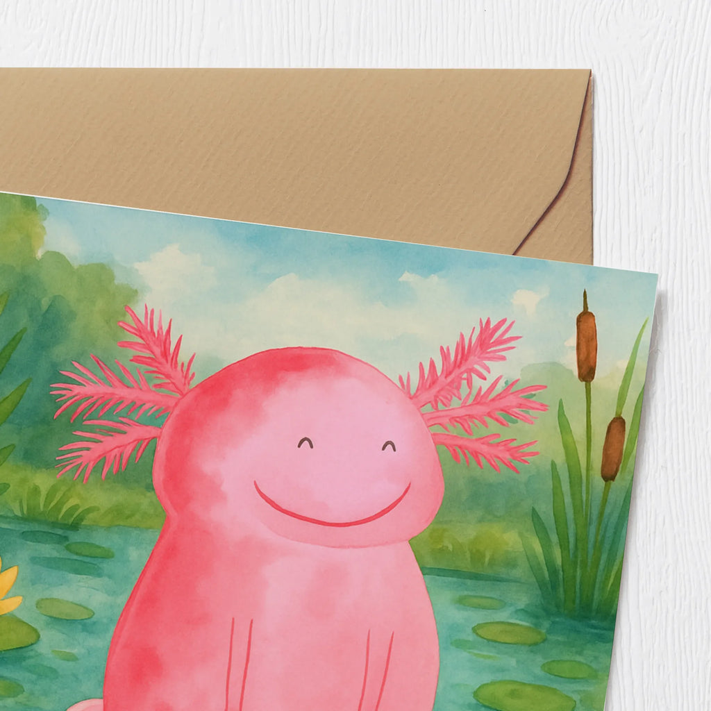 Deluxe Karte Axolotl Glücklich Design Karte, Grußkarte, Klappkarte, Einladungskarte, Glückwunschkarte, Hochzeitskarte, Geburtstagskarte, Hochwertige Grußkarte, Hochwertige Klappkarte, Axolotl, Molch, Axolot, Schwanzlurch, Lurch, Lurche, Motivation, gute Laune