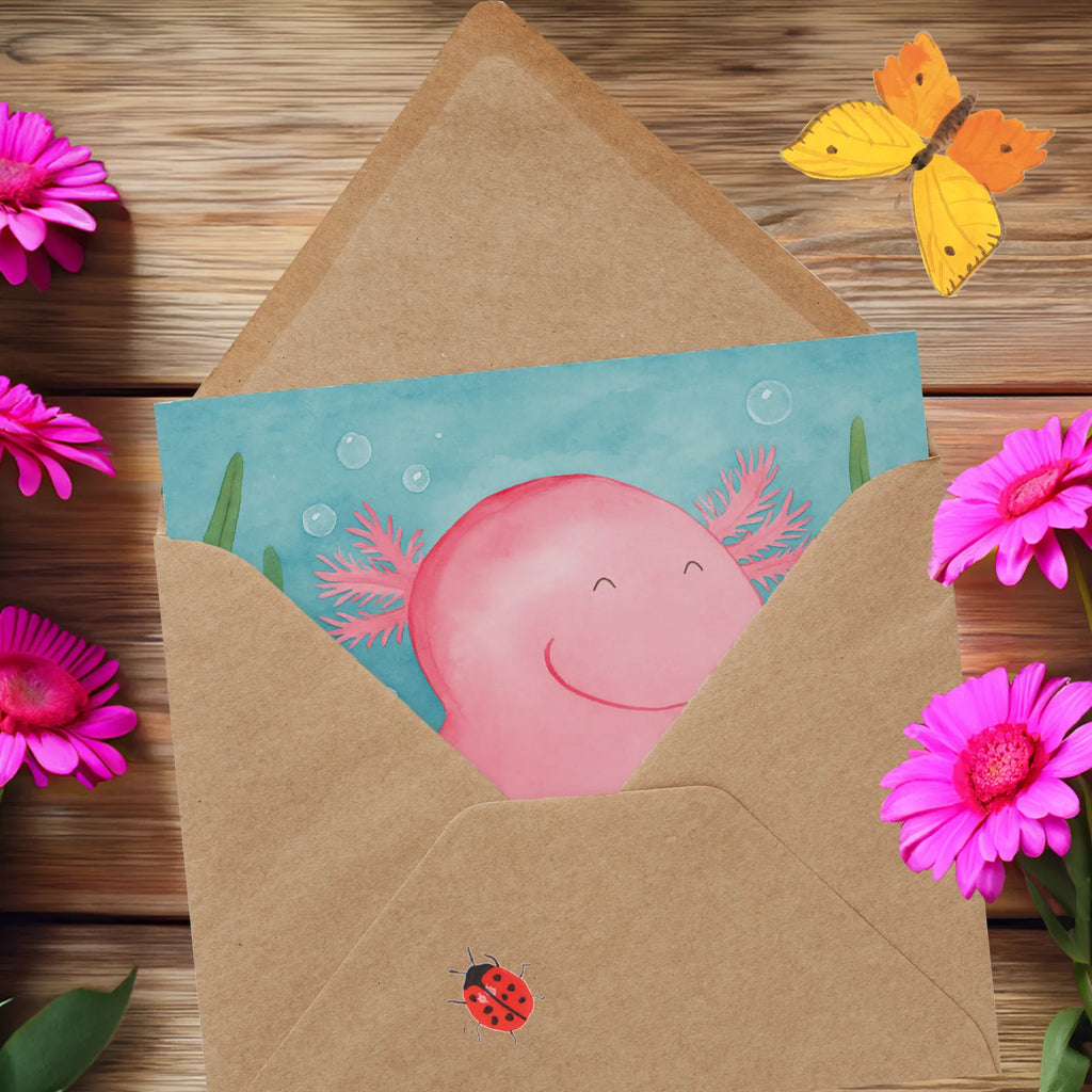 Deluxe Karte Axolotl Hurra Design Karte, Grußkarte, Klappkarte, Einladungskarte, Glückwunschkarte, Hochzeitskarte, Geburtstagskarte, Hochwertige Grußkarte, Hochwertige Klappkarte, Axolotl, Molch, Axolot, Schwanzlurch, Lurch, Lurche, fröhlich, Spaß, Freude, Motivation, Zufriedenheit