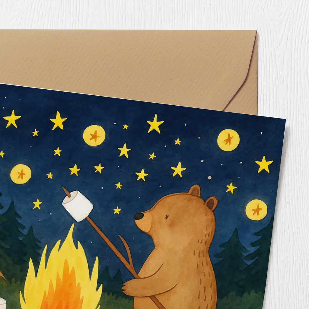 Deluxe Karte Bär & Marienkäfer Lagerfeuer Design Karte, Grußkarte, Klappkarte, Einladungskarte, Glückwunschkarte, Hochzeitskarte, Geburtstagskarte, Hochwertige Grußkarte, Hochwertige Klappkarte, Bär, Teddy, Teddybär, Lagerfeuer