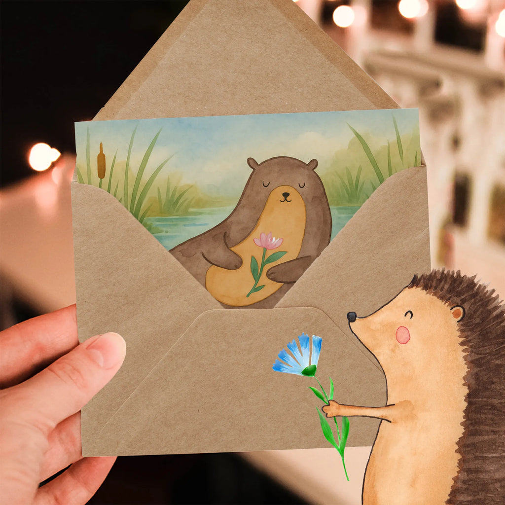 Deluxe Karte Otter Seerose Design Karte, Grußkarte, Klappkarte, Einladungskarte, Glückwunschkarte, Hochzeitskarte, Geburtstagskarte, Hochwertige Grußkarte, Hochwertige Klappkarte, Otter, Fischotter, Seeotter, Otter Seeotter See Otter