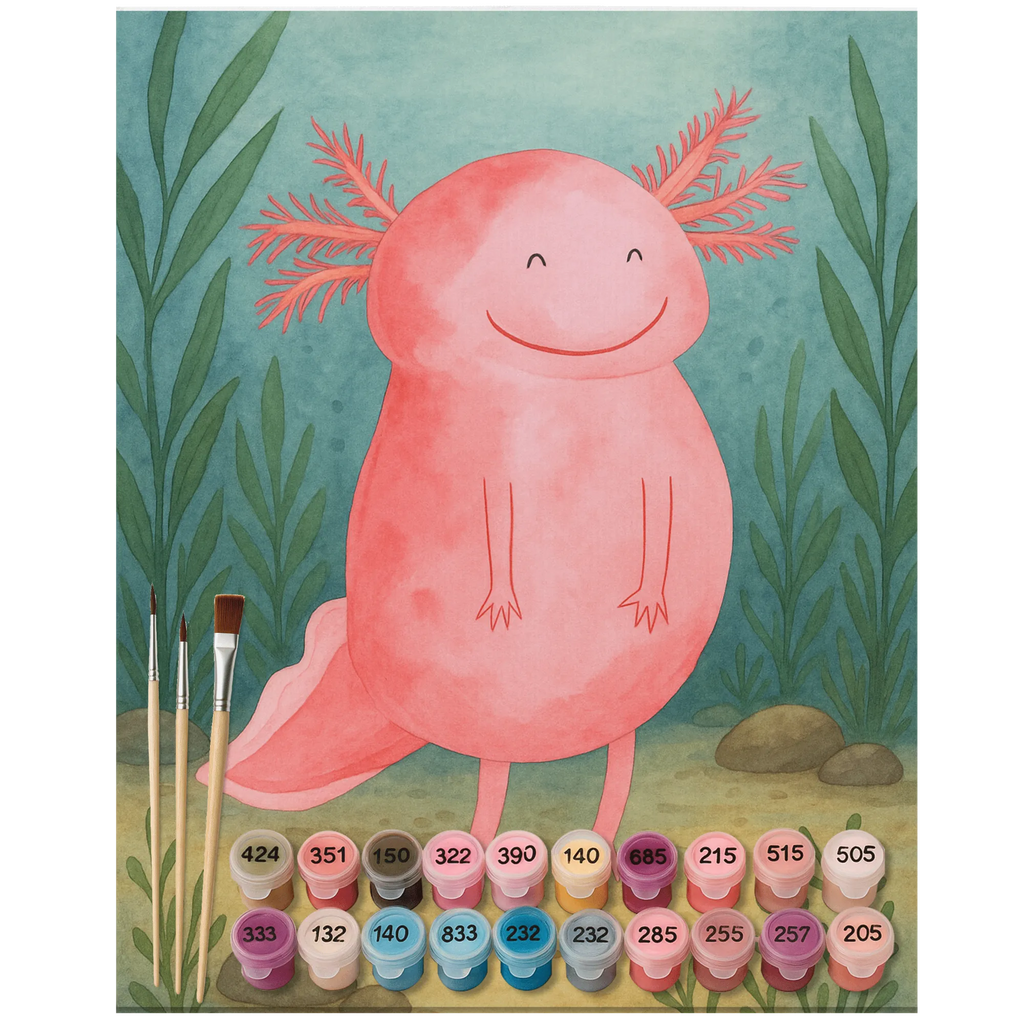 Malen nach Zahlen Axolotl Glücklich Design Malen nach Zahlen, Bastelidee, Baseln, Kunstwerk, Ausmalbild, Kreativität, Künstler, DIY, Malen, Axolotl, Molch, Lurche, Motivation, Axolot, Schwanzlurch, gute Laune, Lurch