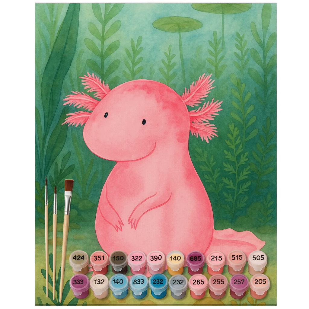 Malen nach Zahlen Axolotl Niedlich Design Baseln, DIY, Ausmalbild, Malen, Malen nach Zahlen, Bastelidee, Kunstwerk, Künstler, Kreativität, Axolotl, Molch, zufrieden, Liebe, Weisheit, Lebensweisheit, Lebensstil, Freundin, Axolot, fröhlich, vergnügt