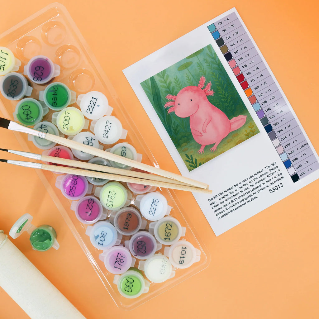 Malen nach Zahlen Axolotl Niedlich Design Baseln, DIY, Ausmalbild, Malen, Malen nach Zahlen, Bastelidee, Kunstwerk, Künstler, Kreativität, Axolotl, Molch, zufrieden, Liebe, Weisheit, Lebensweisheit, Lebensstil, Freundin, Axolot, fröhlich, vergnügt