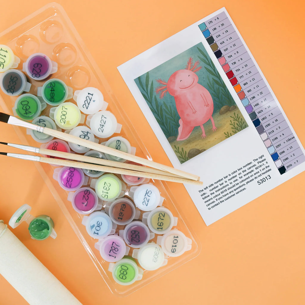 Malen nach Zahlen Axolotl Glücklich Design Malen nach Zahlen, Bastelidee, Baseln, Kunstwerk, Ausmalbild, Kreativität, Künstler, DIY, Malen, Axolotl, Molch, Lurche, Motivation, Axolot, Schwanzlurch, gute Laune, Lurch