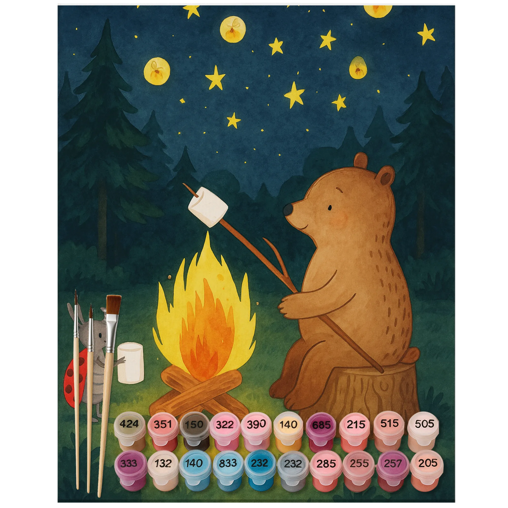 Paint by Numbers Bear & Ladybird campfire Design bear, teddy, teddy bear, cuddly toy, Campfire