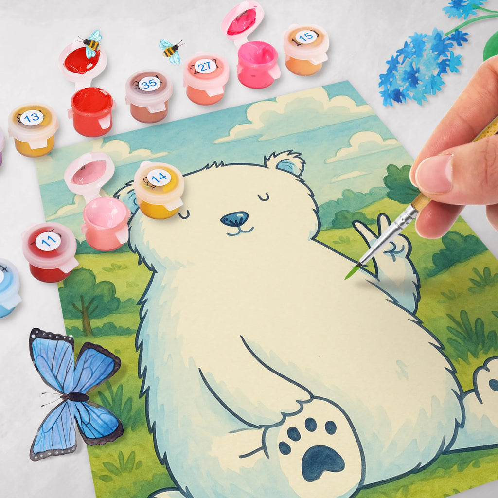 Paint by Numbers Icebear Lazy Design Kunstwerk, Künstler, Ausmalbild, Malen nach Zahlen, DIY, Bastelidee, Baseln, Kreativität, Malen, Bär, Teddy, Teddybär, Arbeitsplatz, Bürojob, Nordpol, Entspannen, Eisbär, Arbeit, Büro, Homeoffice, Faul, Relaxen