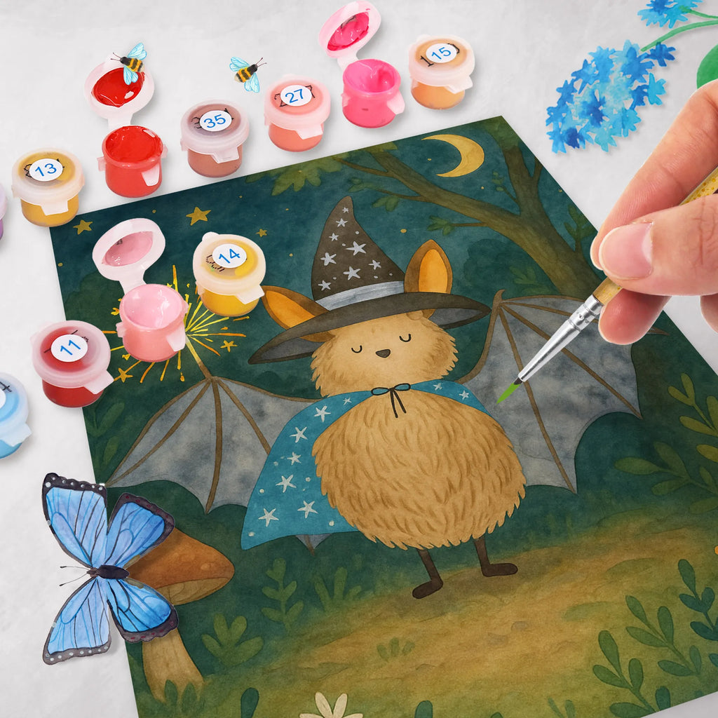 Paint by Numbers bat wizard Design small animals, cute, funny, cute animal motives, hand drawn, small world, funny sayings, good mood, happy, gifts, gift ideas, special gifts, animal lover, card, Bats, sorcerers, get in, bats, magicians, women