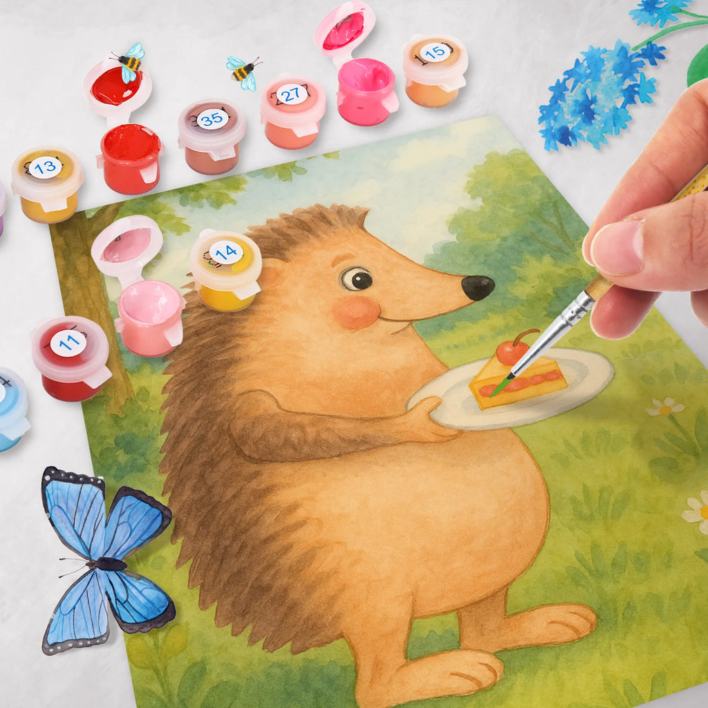 Paint by Numbers Hedgehog piece of cake Design Kunstwerk, Malen, Kreativität, Ausmalbild, DIY, Malen nach Zahlen, Künstler, Bastelidee, Baseln, Tiermotive, Gute Laune, lustige Sprüche, Tiere, Einladung Party, Essen Spruch, Kuchen, Kuchen backen, Igel, Backen Geschenk, Torte, Geburtstagskuchen