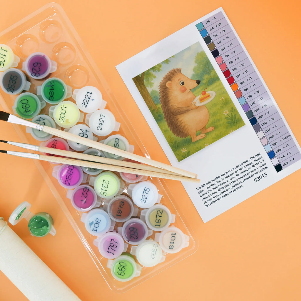 Paint by Numbers Hedgehog piece of cake Design Kunstwerk, Malen, Kreativität, Ausmalbild, DIY, Malen nach Zahlen, Künstler, Bastelidee, Baseln, Tiermotive, Gute Laune, lustige Sprüche, Tiere, Einladung Party, Essen Spruch, Kuchen, Kuchen backen, Igel, Backen Geschenk, Torte, Geburtstagskuchen