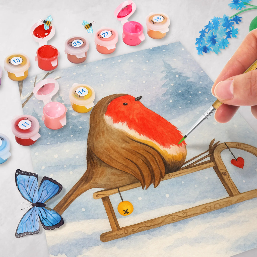 Malen nach Zahlen Rotkehlchen Schlitten Design Ausmalbild, Kunstwerk, Malen nach Zahlen, Winter, Weihnachten, Weihnachtsdeko, Nikolaus, Advent, Heiligabend, Wintermotiv, Vogel, Schlitten