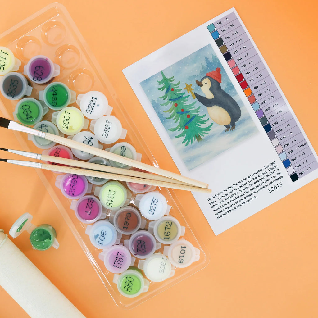 Paint by Numbers penguin Christmas tree Design Ausmalbild, Kunstwerk, Malen nach Zahlen, Winter, Weihnachten, Weihnachtsdeko, Nikolaus, Advent, Heiligabend, Wintermotiv, Pinguin