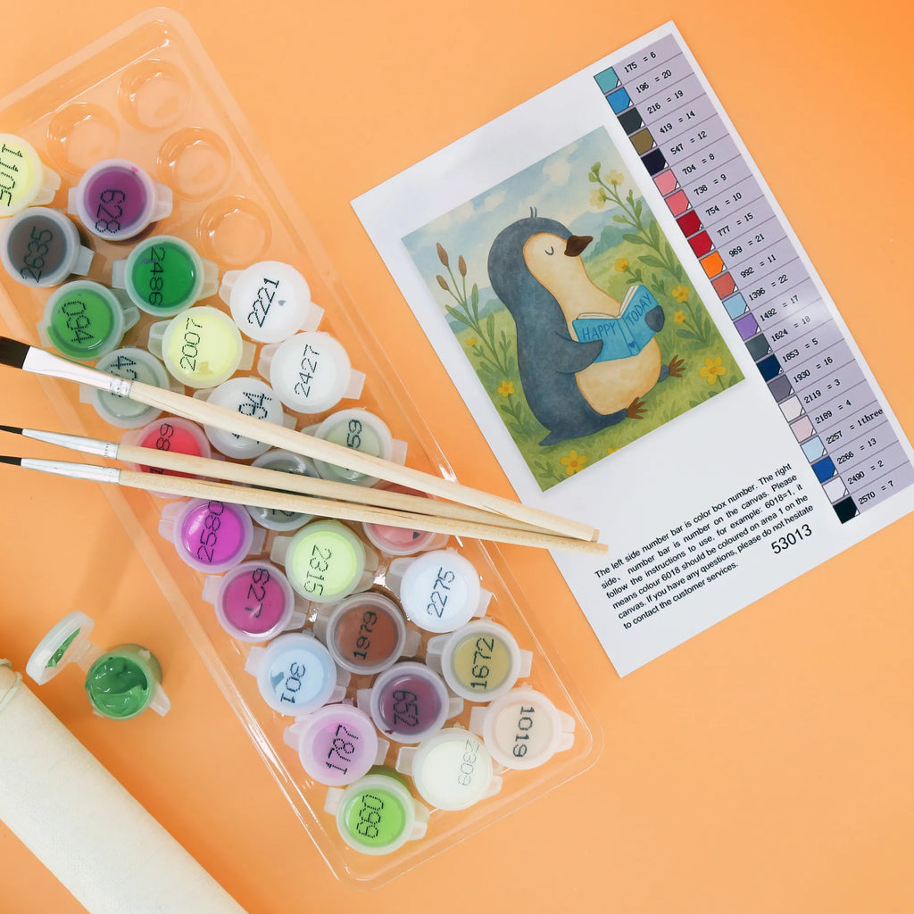 Paint by Numbers Penguin A book Design Malen nach Zahlen, Kreativität, Ausmalbild, DIY, Bastelidee, Künstler, Malen, Kunstwerk, Baseln, Pinguin, Freizeit, Ferien, Lesen, Nichtstun, Buch, Bücherwurm, Faulenzen, Pinguine, Urlaub