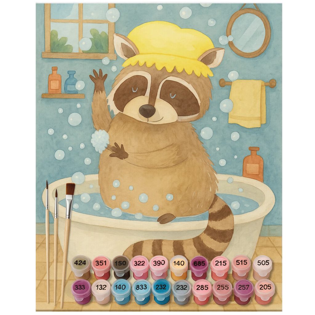 Paint by Numbers Raccoon Design Kunstwerk, Malen, Ausmalbild, Bastelidee, DIY, Künstler, Malen nach Zahlen, Kreativität, Baseln, Tiermotive, Gute Laune, lustige Sprüche, Tiere, Fröhlich, Plan, Seifenblasen, Waschbär, Tagträumen, waschen