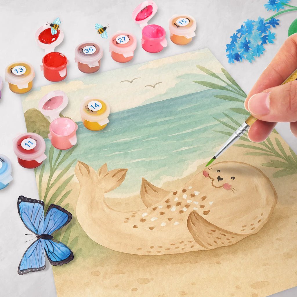 Malowanie według numerów foka Leżeć Design Malen, Künstler, Basteln, Ausmalbild, Kunstwerk, Bastelidee, Malen nach Zahlen, Kreativität, DIY, Gute Laune, Tiermotive, Lustige Sprüche, Tiere, Strand, Robben, Robbe, Nordsee, Lachen, Meerestier, Ostsee, Freude, Seehund