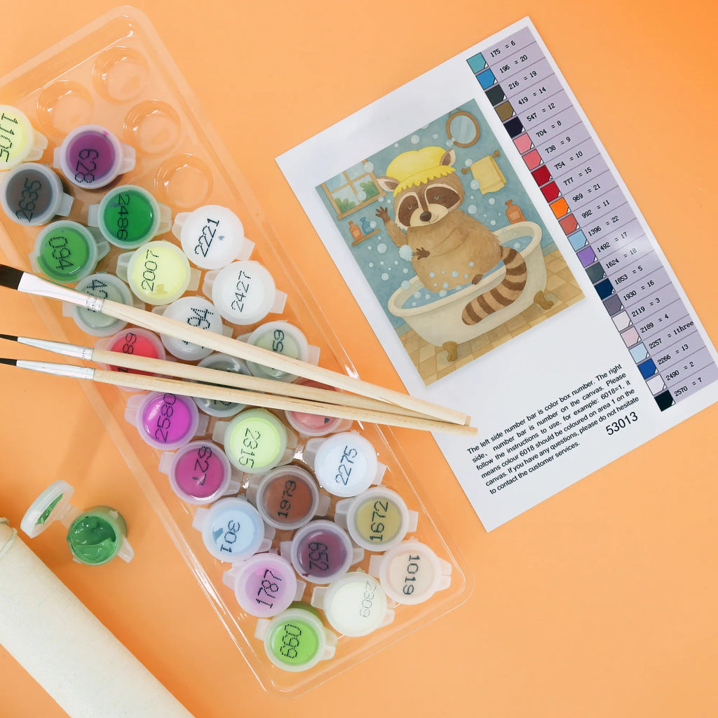 Paint by Numbers Raccoon Design Kunstwerk, Malen, Ausmalbild, Bastelidee, DIY, Künstler, Malen nach Zahlen, Kreativität, Baseln, Tiermotive, Gute Laune, lustige Sprüche, Tiere, Fröhlich, Plan, Seifenblasen, Waschbär, Tagträumen, waschen