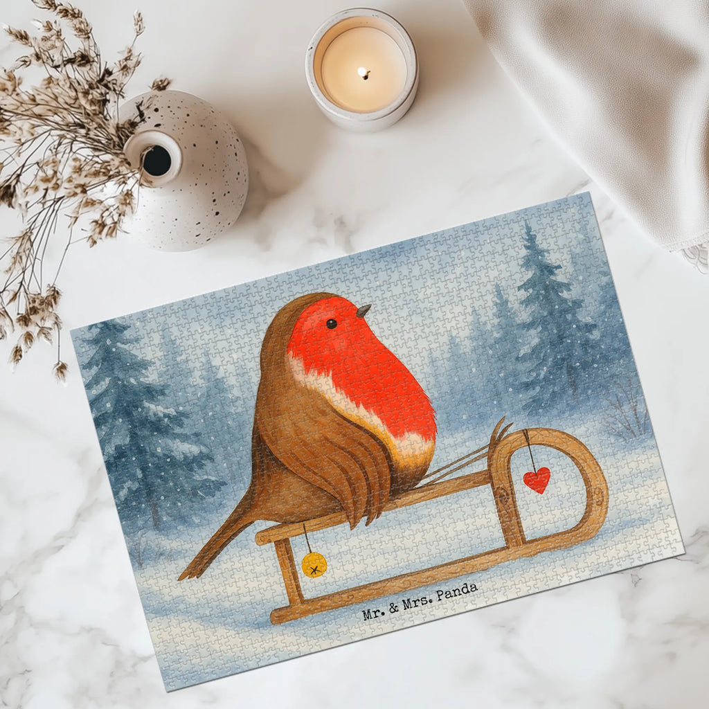 Puzzle Rotkehlchen Schlitten Design Puzzle, Winter, Weihnachten, Weihnachtsdeko, Nikolaus, Advent, Heiligabend, Wintermotiv, Schlitten, Vogel