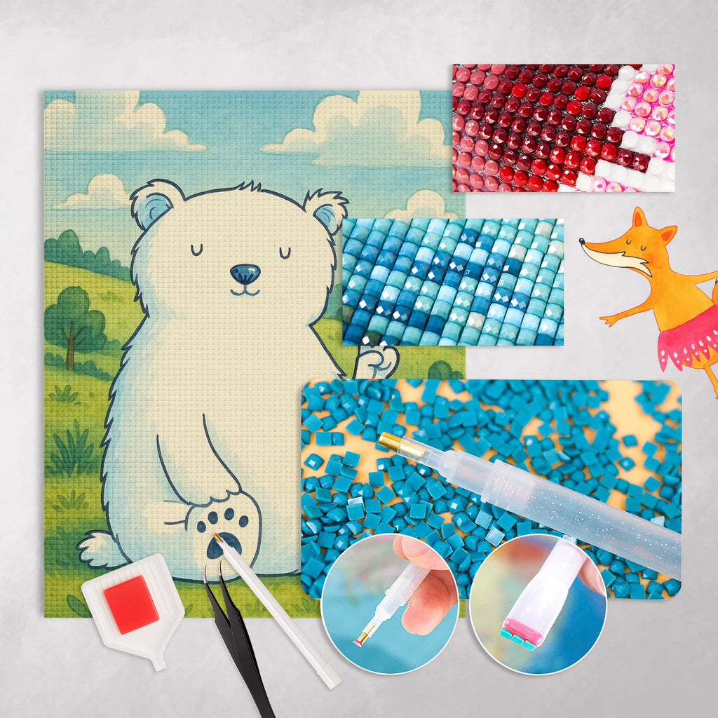 Diamond Painting Icebear Lazy Design bear, teddy, teddy bear, cuddly toy, North Pole, relaxing, Polar bear, workplace, home office, lazy, work, office, office job