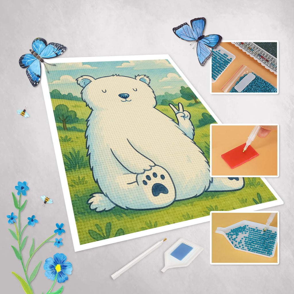 Diamond Painting Icebear Lazy Design bear, teddy, teddy bear, cuddly toy, North Pole, relaxing, Polar bear, workplace, home office, lazy, work, office, office job