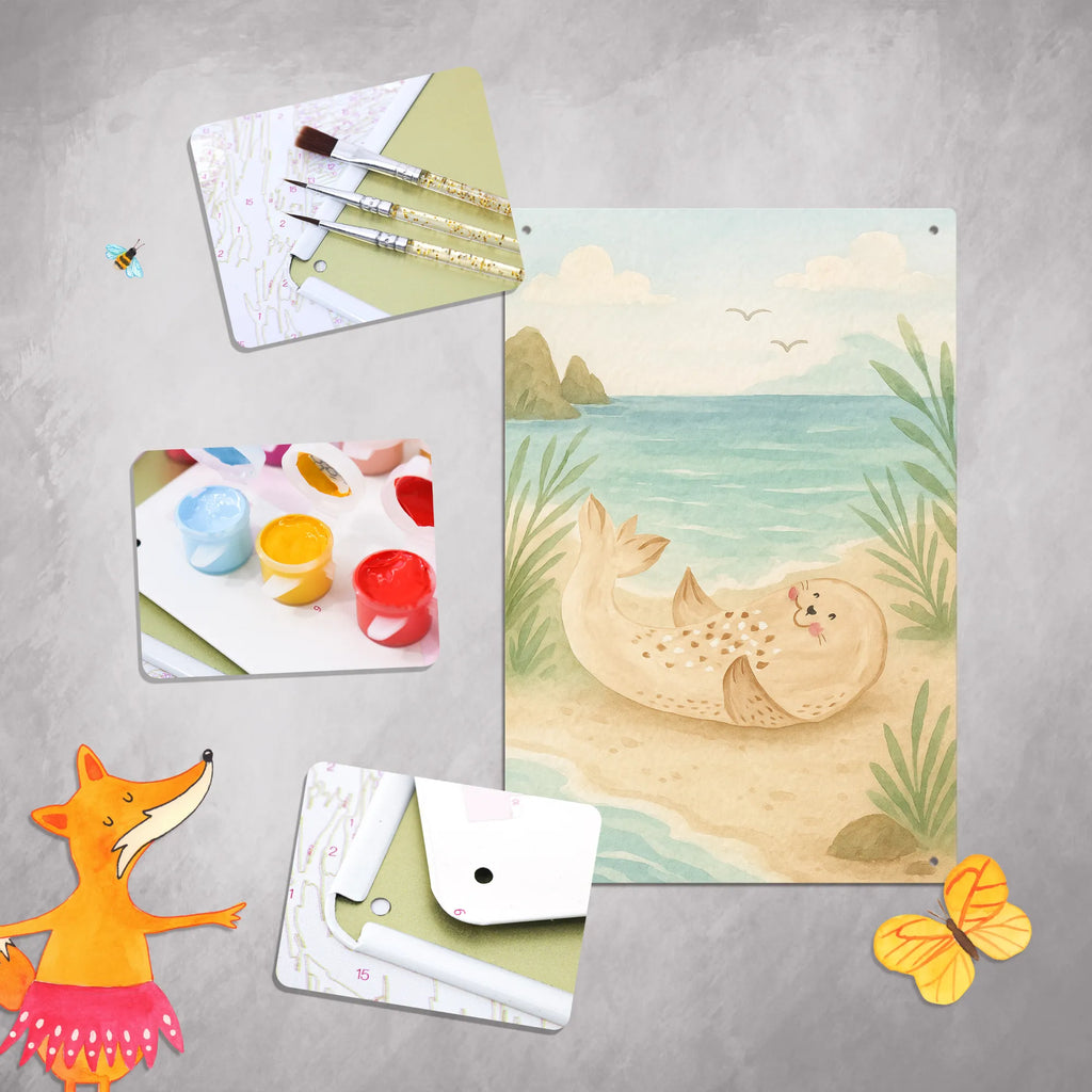 Malen nach Zahlen Metallschild Robbe Liegen Design Baseln, Kreativität, Bastelidee, Ausmalbild, Kunstwerk, Malen, DIY, Künstler, Malen nach Zahlen, Tiermotive, Gute Laune, lustige Sprüche, Tiere, Lachen, Seehund, Freude, Nordsee, Robben, Meerestier, Ostsee, Strand, Robbe