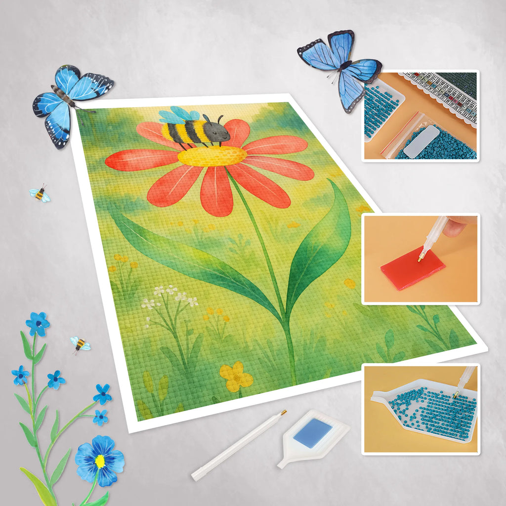 Diamond Painting bumblebee flower Design small animals, cute, funny, cute animal motives, hand drawn, small world, funny sayings, good mood, happy, gifts, gift ideas, special gifts, animal lover, card, nature, flower, bumblebees, bee, fluffy, field, bumble bee, wasp