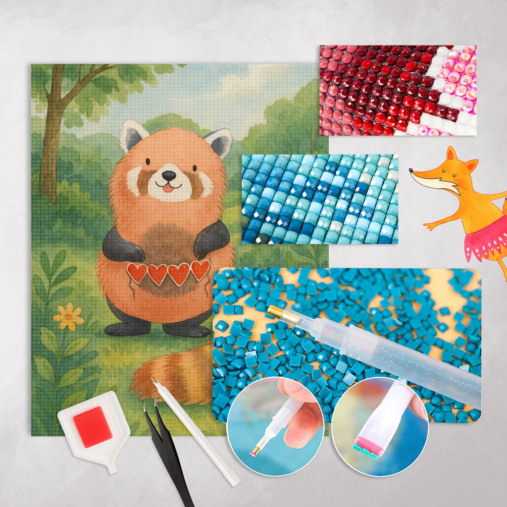 Diamond Painting red panda Design small animals, cute, funny, cute animal motives, hand drawn, small world, funny sayings, good mood, happy, gifts, gift ideas, special gifts, animal lover, card, Panda, red, love, favourite person, heart, darling