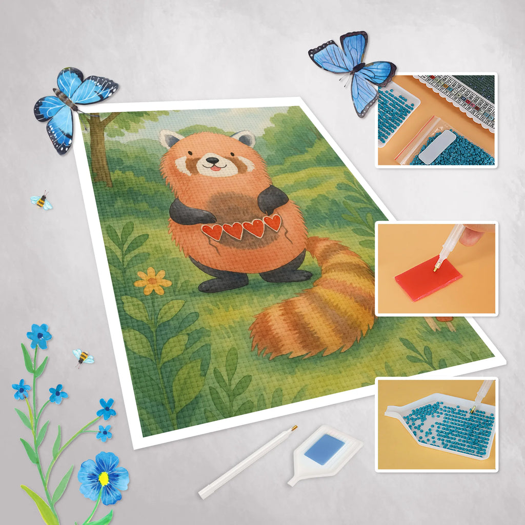 Diamond Painting red panda Design small animals, cute, funny, cute animal motives, hand drawn, small world, funny sayings, good mood, happy, gifts, gift ideas, special gifts, animal lover, card, Panda, red, love, favourite person, heart, darling