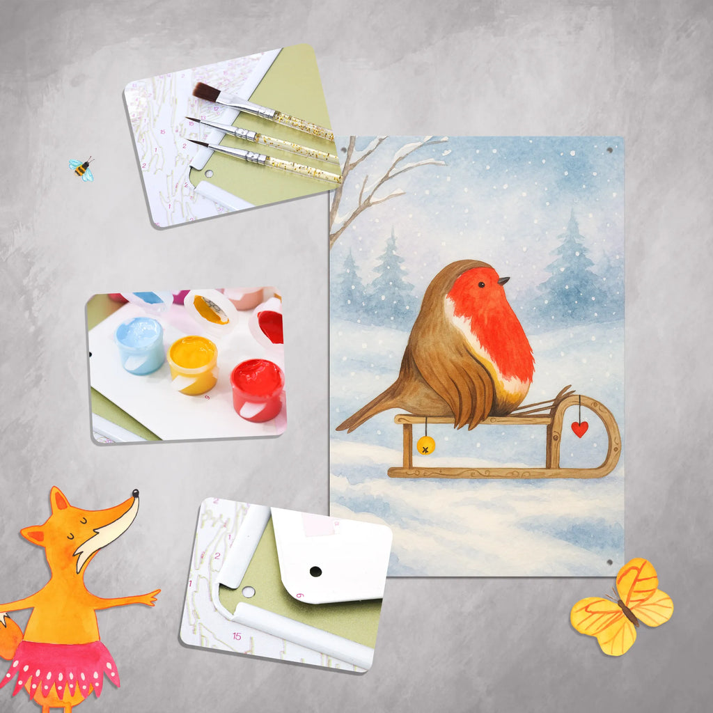 Paint by Numbers Metal Sign robin Sleds Design Winter, Christmas, Christmas time, snow, bird, sleigh
