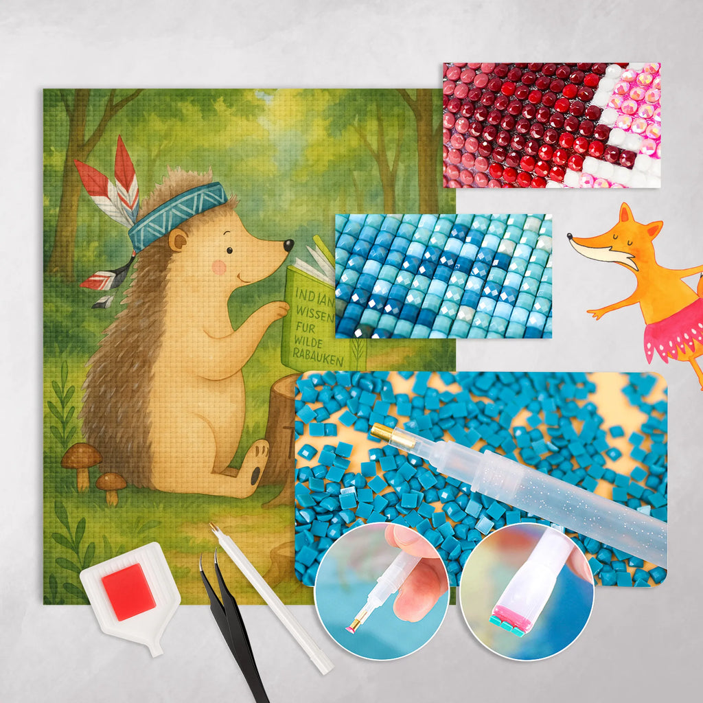 Diamond Painting Hedgehog feather headdress Design Forest animals, Indians, Camping, Hedgehogs, Campfire, Adventure