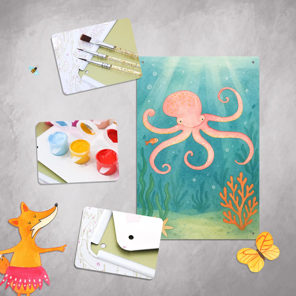 Paint by Numbers Metal Sign Squid Design small animals, cute, funny, cute animal motives, hand drawn, small world, funny sayings, good mood, happy, gifts, gift ideas, special gifts, animal lover, card, sea animal, arms, ocean, sea, squid, water, octopus