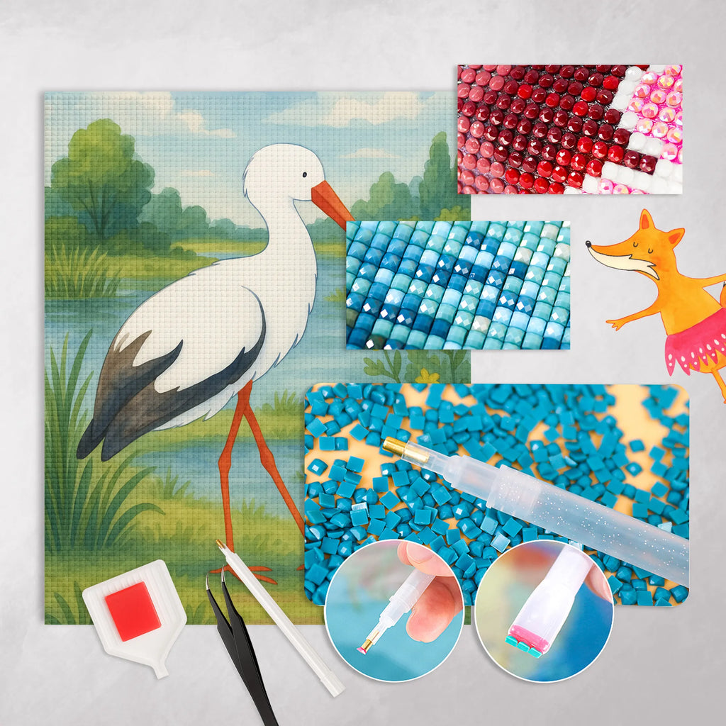 Diamond Painting Stork Design small animals, cute, funny, cute animal motives, hand drawn, small world, funny sayings, good mood, happy, gifts, gift ideas, special gifts, animal lover, card, stork, birth, mothers, mother, becoming a mother, baby bump, pregnancy, baby, pregnant