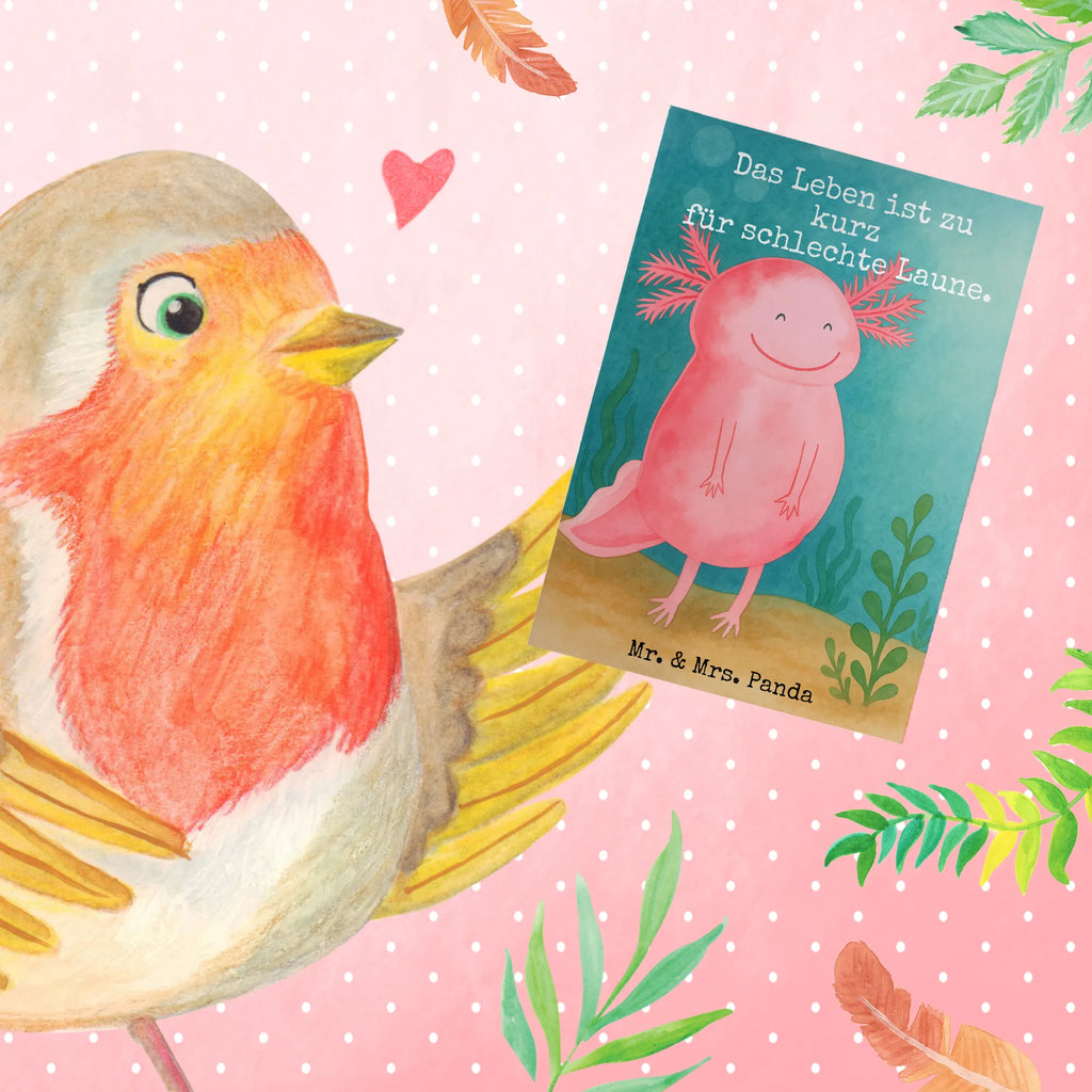 Grußkarte Axolotl Glücklich Design Grußkarte, Klappkarte, Einladungskarte, Glückwunschkarte, Hochzeitskarte, Geburtstagskarte, Karte, Ansichtskarten, Axolotl, Molch, Axolot, Schwanzlurch, Lurch, Lurche, Motivation, gute Laune