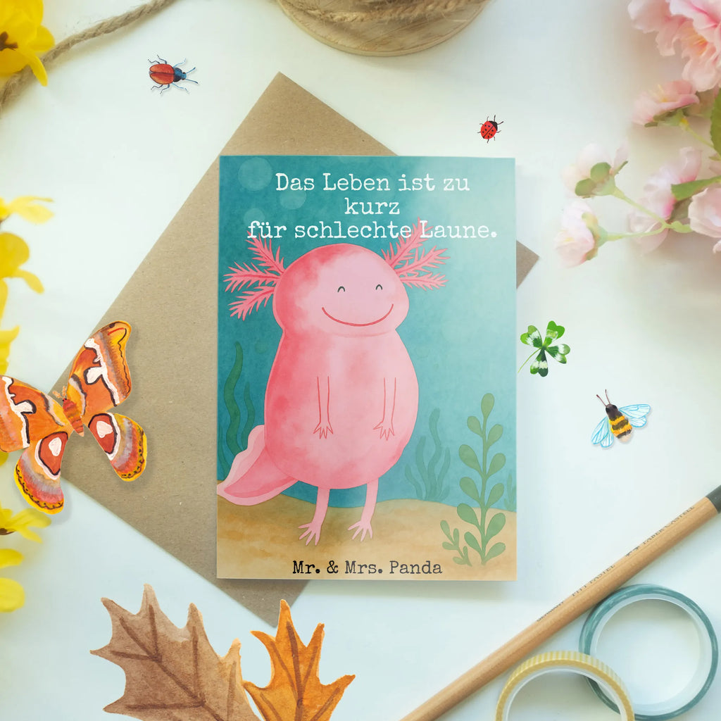 Grußkarte Axolotl Glücklich Design Grußkarte, Klappkarte, Einladungskarte, Glückwunschkarte, Hochzeitskarte, Geburtstagskarte, Karte, Ansichtskarten, Axolotl, Molch, Axolot, Schwanzlurch, Lurch, Lurche, Motivation, gute Laune