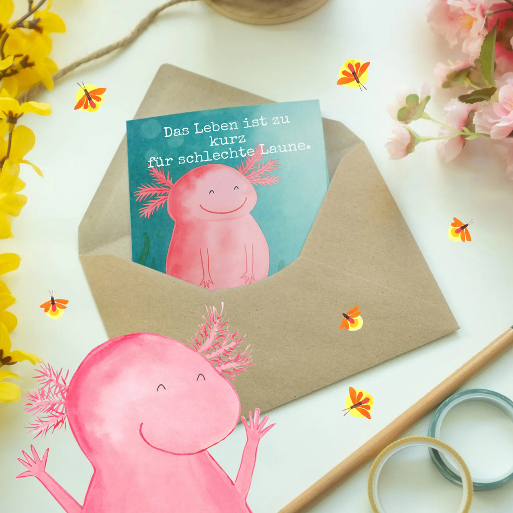 Grußkarte Axolotl Glücklich Design Grußkarte, Klappkarte, Einladungskarte, Glückwunschkarte, Hochzeitskarte, Geburtstagskarte, Karte, Ansichtskarten, Axolotl, Molch, Axolot, Schwanzlurch, Lurch, Lurche, Motivation, gute Laune