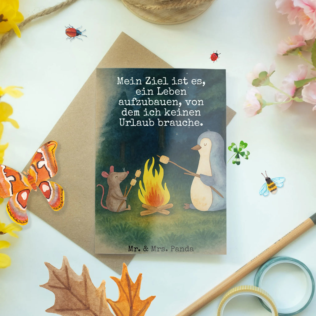 Greetings card Penguin campfire Design Grußkarte, Klappkarte, Einladungskarte, Glückwunschkarte, Hochzeitskarte, Geburtstagskarte, Karte, Ansichtskarten, Pinguin, Maus, Pinguine, Lagerfeuer, Leben, Arbeit, Job, Motivation, Büro, Büroalltag, Lebensspruch, Lebensmotivation, Neustart, Liebe, grillen, Feuer, Marshmallows